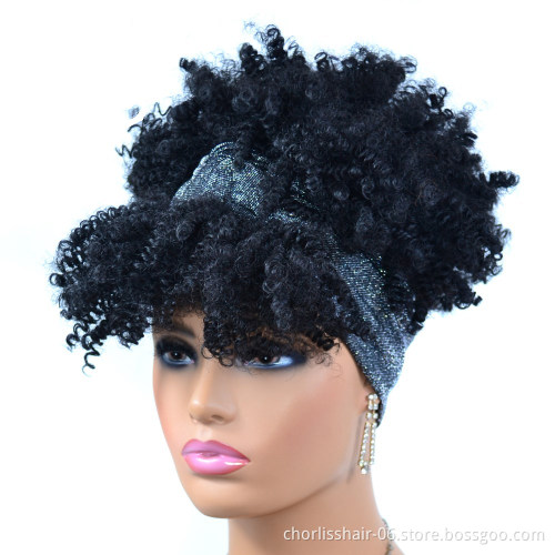Wholesale Ombre High QualityKinky Curly Turban Wigs Short Heat Resistant Afro Synthetic Headband Attached Wigs For Black  Women
